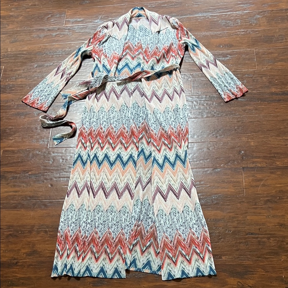 Multi-Color Boho Chevron Pleated Trench Duster Jacket with Belt - One Size - Picture 2 of 15